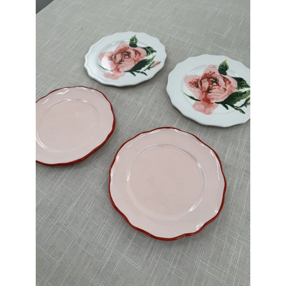 Pink Rose Dessert Plates Set Cottagecore Floral Shabby Chic Vintage Style